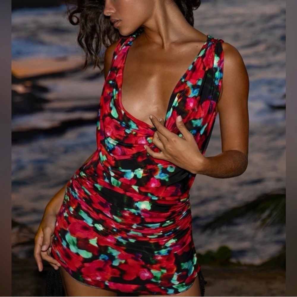 Rat & Boa Red Floral Cowl Neck Mini Dress